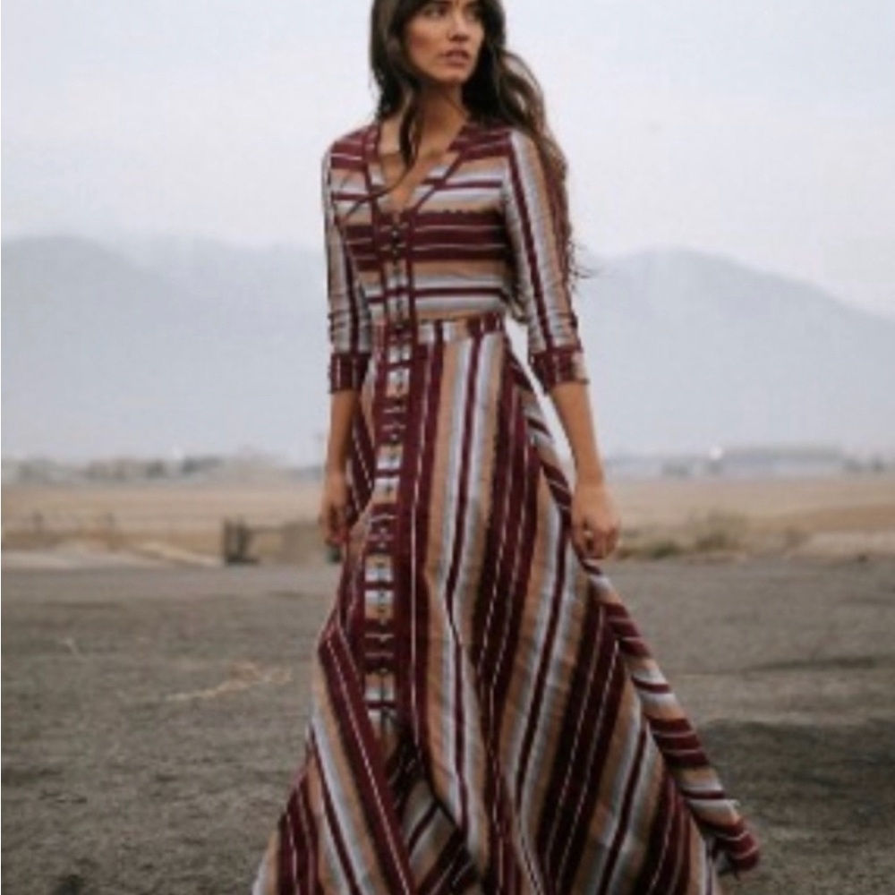 Striped Brown Neural Tone Embroidered Detail Maxi Dress